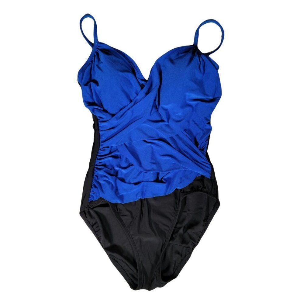 Aqua Green Women's Drape Front One Piece Blue/Black Swimsuit Sz S